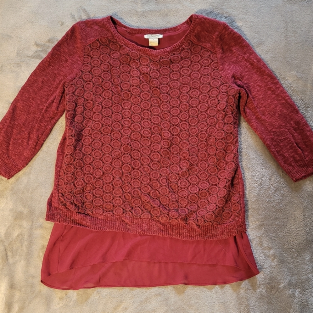Lucky Brand Red Layered Chiffon Split Back Knit Sweater, Size S